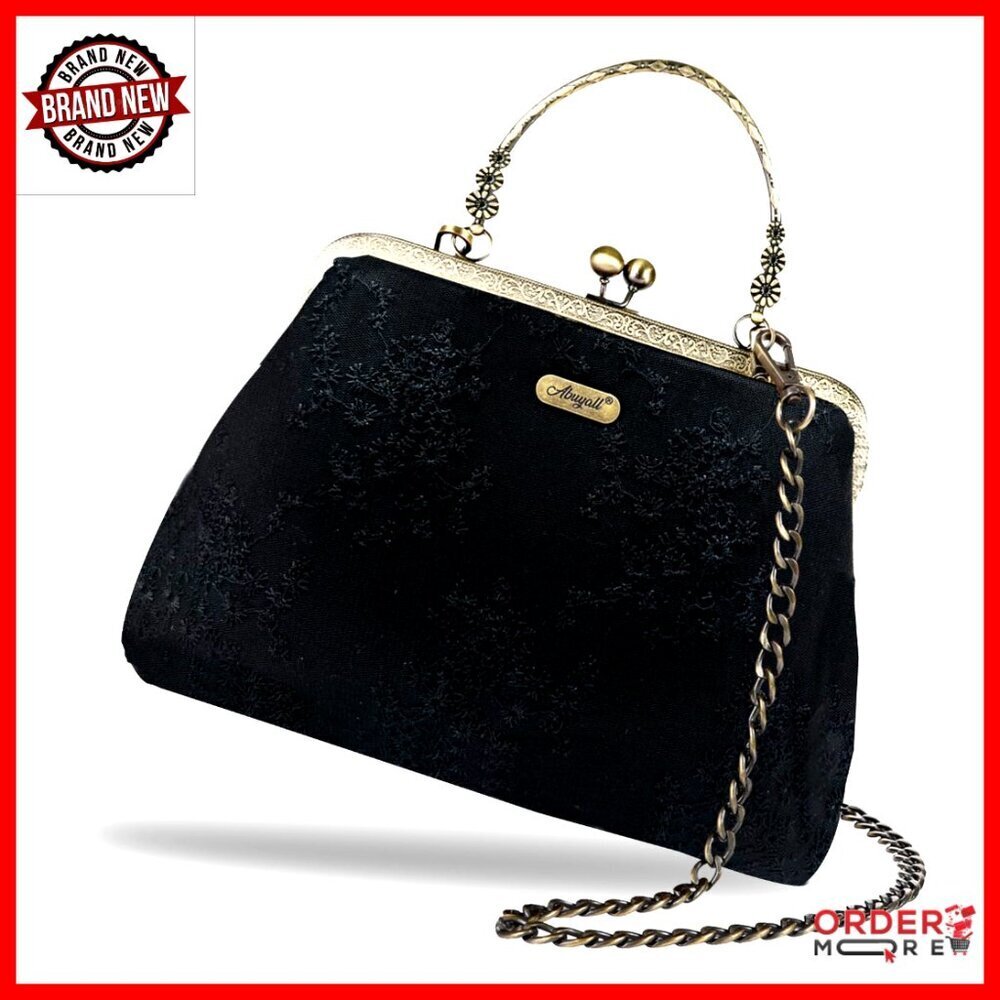 Vintage Top Handle Evening Bag with Kiss Lock Closure and Detachable Strap
